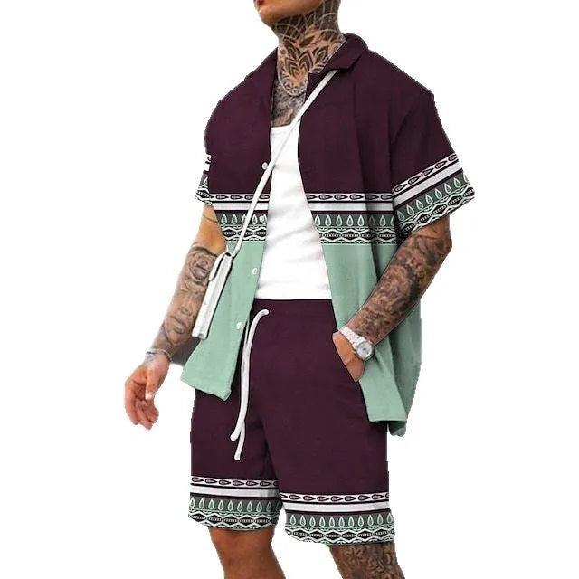 Men's printed short sleeve shirt and shorts summer casual leisure outfit