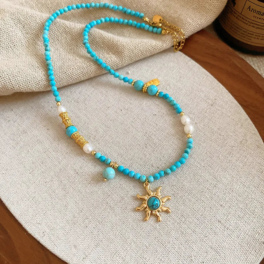 Stone and freshwater pearl sun necklace with adjustable chain in French court style