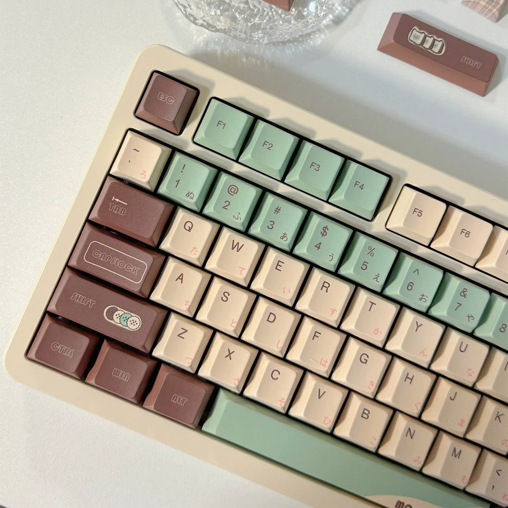 Matcha green mechanical keyboard keycap set with five-sided sublimation printing and key puller tool on a white background.