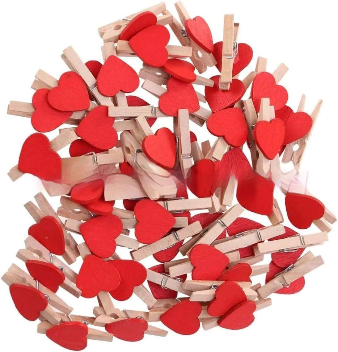 Set of five handmade solid wood heart-shaped hair clips in red, white, pink, yellow and rose.