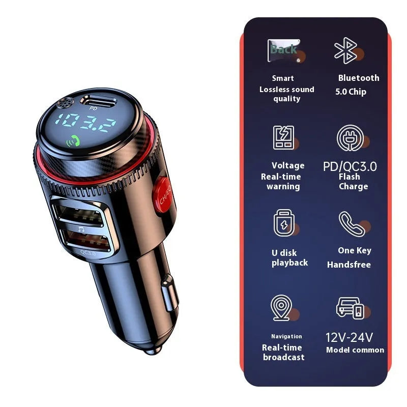 T23 Car MP3 Bluetooth Player with FM transmitter, PD fast charge, 1.2-inch ABS cigarette lighter unit