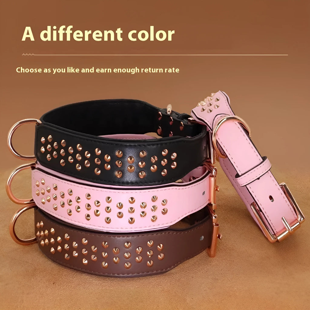 Leather dog training collar with stainless steel anti-bite rivets in black, chocolate, or pink colour options