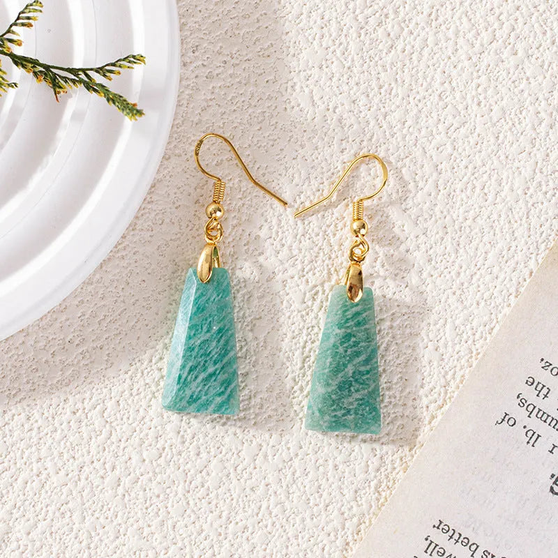 Amazonite rough stone trapezoid earrings with geometric design in gold and silver tone settings