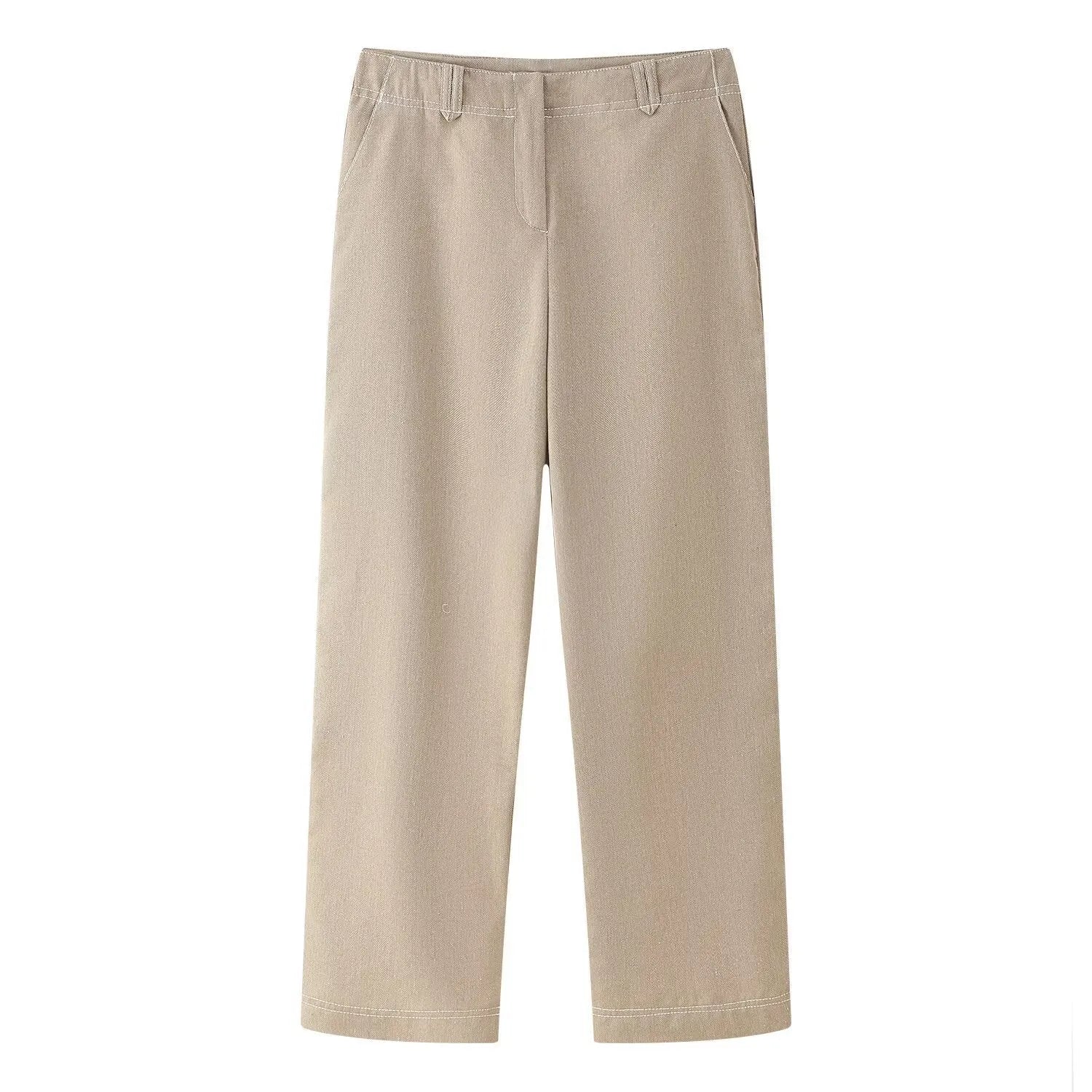 Women's herringbone pattern two-piece suit with embroidered jacket and straight-leg trousers