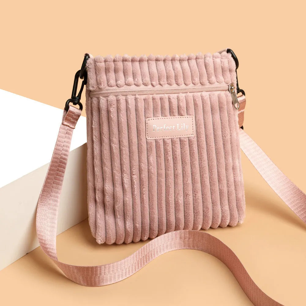 Women's corduroy shoulder messenger bag in beige, horizontal square shape, single strap