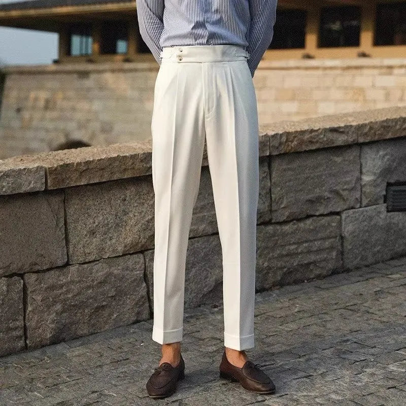Slim fit straight cut formal suit trousers in apricot, black, and white colours.
