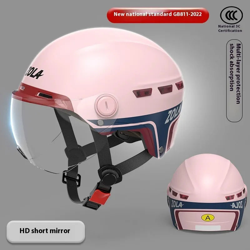 Electric car summer helmet in white, blue, khaki, black or pink with ABS shell, 3C certification and HD short mirror or sun glasses