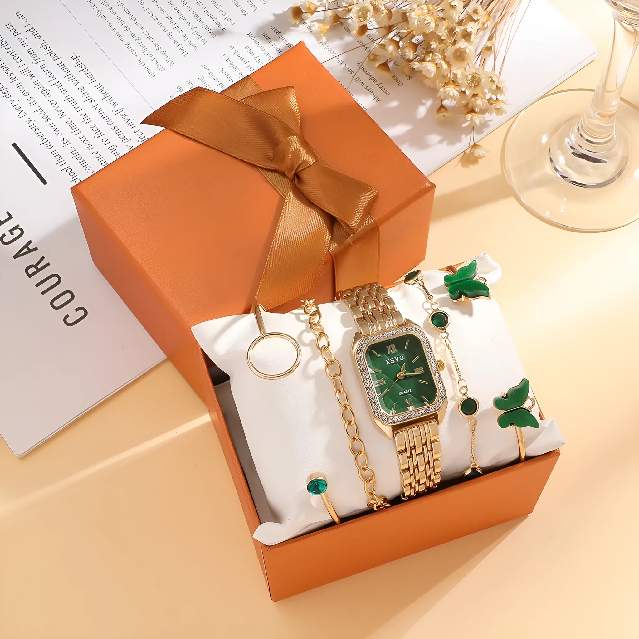 Women's green gold square watch with matching bracelets, alloy case, 25mm dial, jewellery buckle