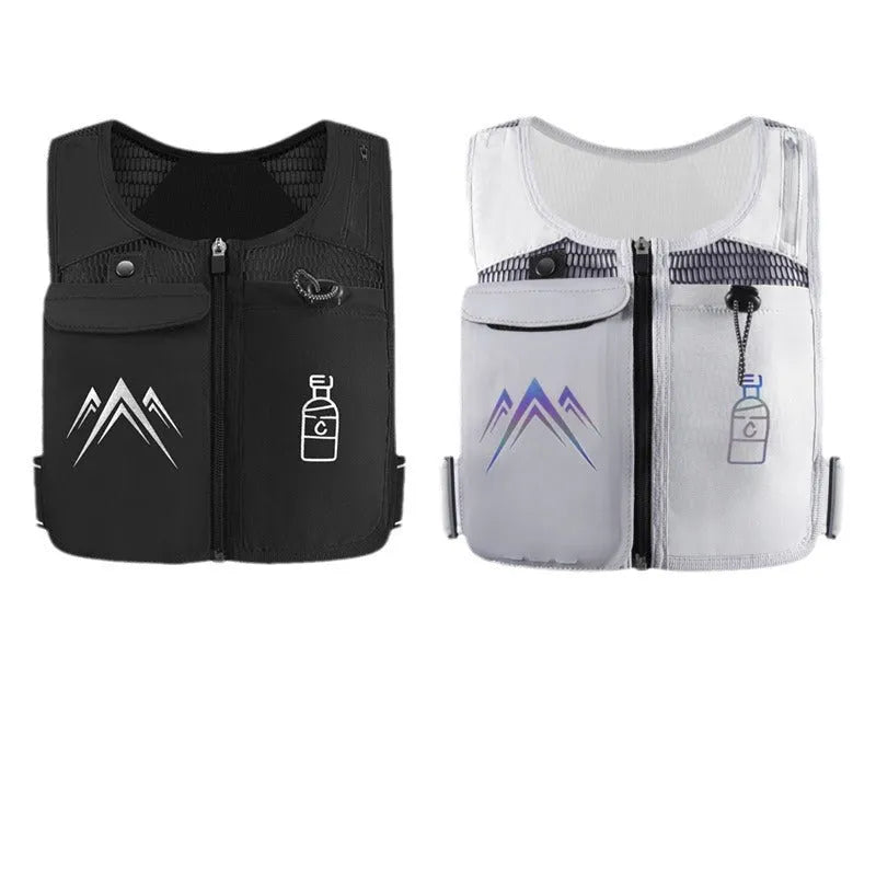 Sports running vest with front mobile phone bag in breathable mesh fabric, shown in classic black colour.