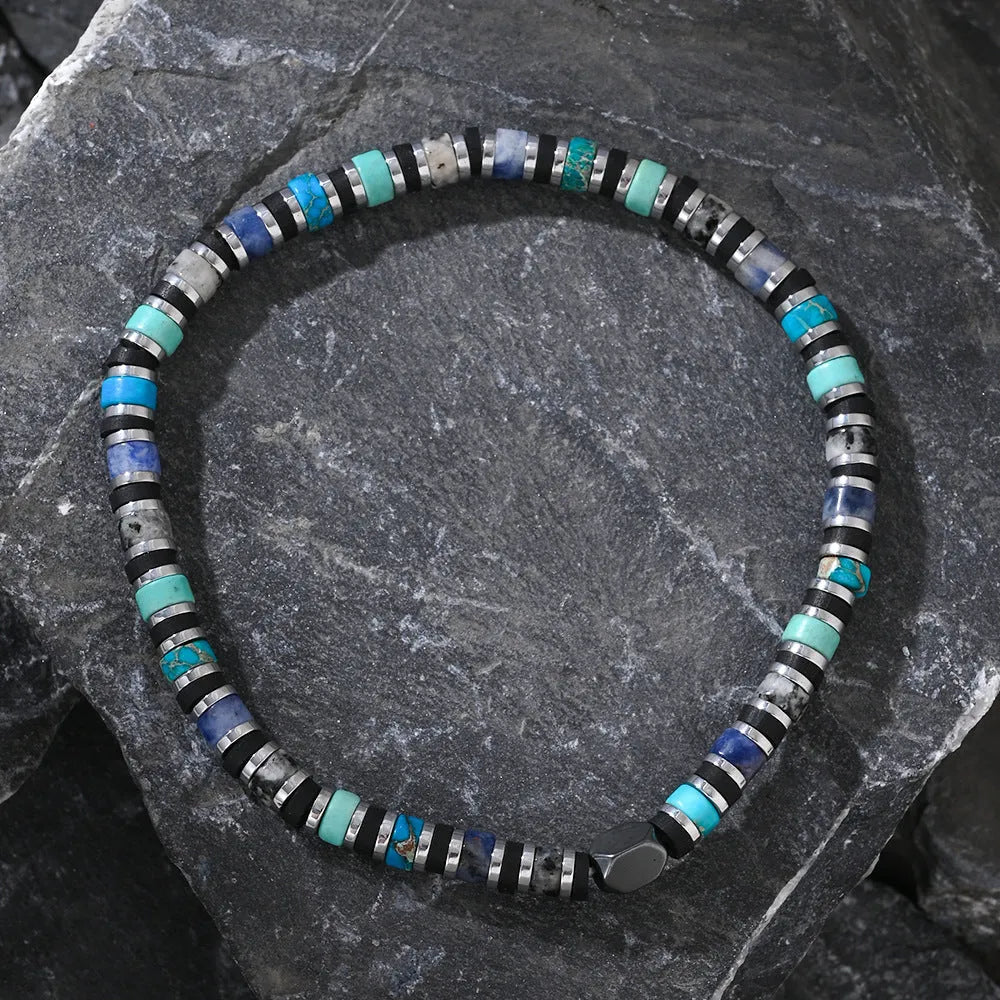 Bohemian cylindrical semi-precious stone bracelet, hand-woven natural stone geometry style BB24062013A