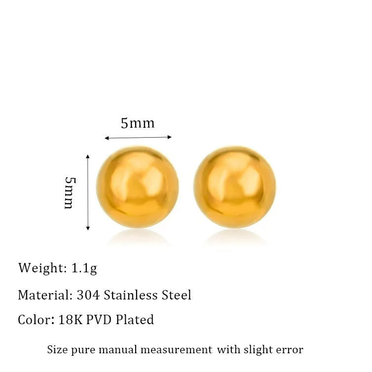 Stainless steel round ball stud earrings in gold or silver, showing 3mm, 4mm, 5mm, and 6mm size options.