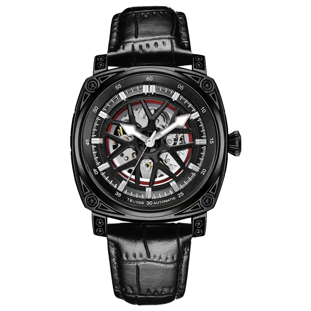 Automatic mechanical men's watch with stainless steel case and leather strap in four colour options