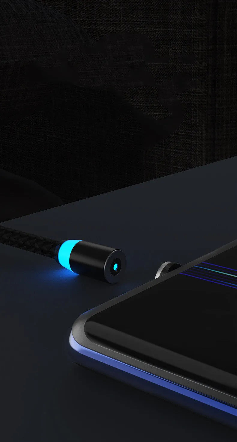 Magnetic data cable with breathing light showing interchangeable heads for Apple, Android and TYPE-C devices in multiple colours