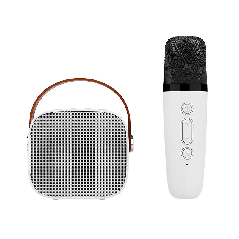 Compact portable Bluetooth speaker in blue, pink, or white with built-in microphone and USB charging cable
