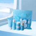 Five-piece facial care travel pack with moisturizing cleansing tonic, lotion, cream, and eyes lotion in portable packaging