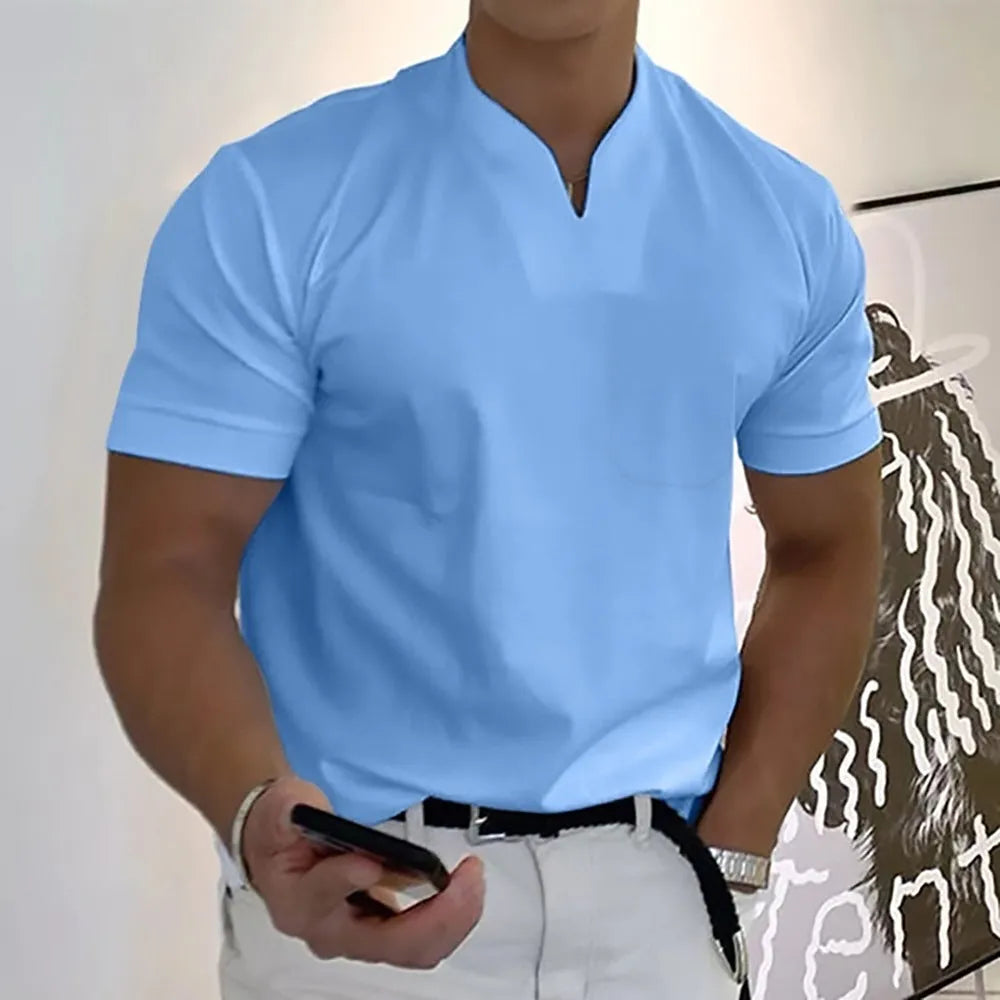 Men's plus size summer short sleeve shirt in khaki with front pocket stand collar loose fit