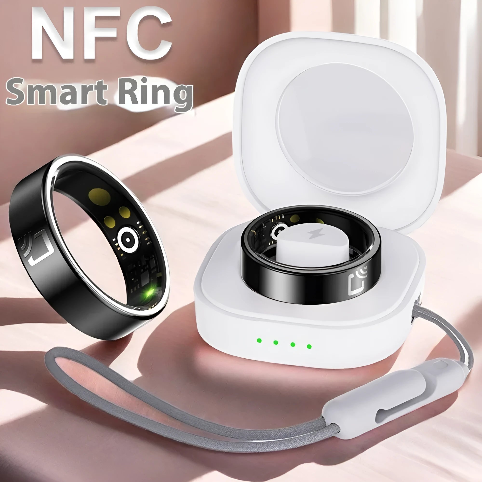 Black ceramic smart ring for heart rate, blood oxygen and sleep monitoring with charging accessories