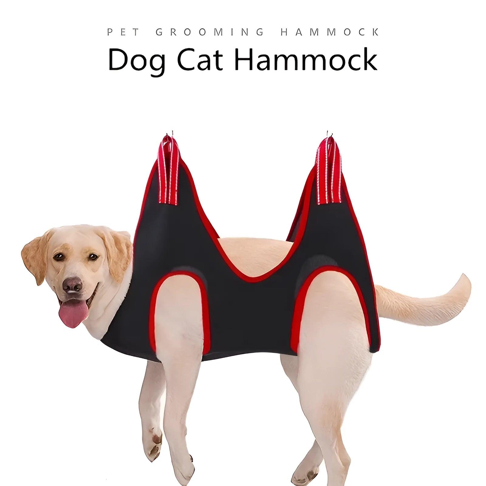Mesh pet grooming restraint hammock bag shown in use for nail trimming a cat.