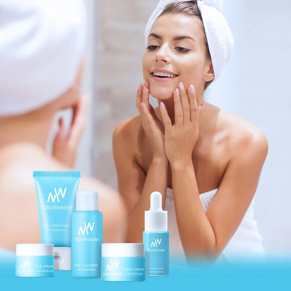 Five-piece facial care travel pack with moisturizing cleansing tonic, lotion, cream, and eyes lotion in portable packaging