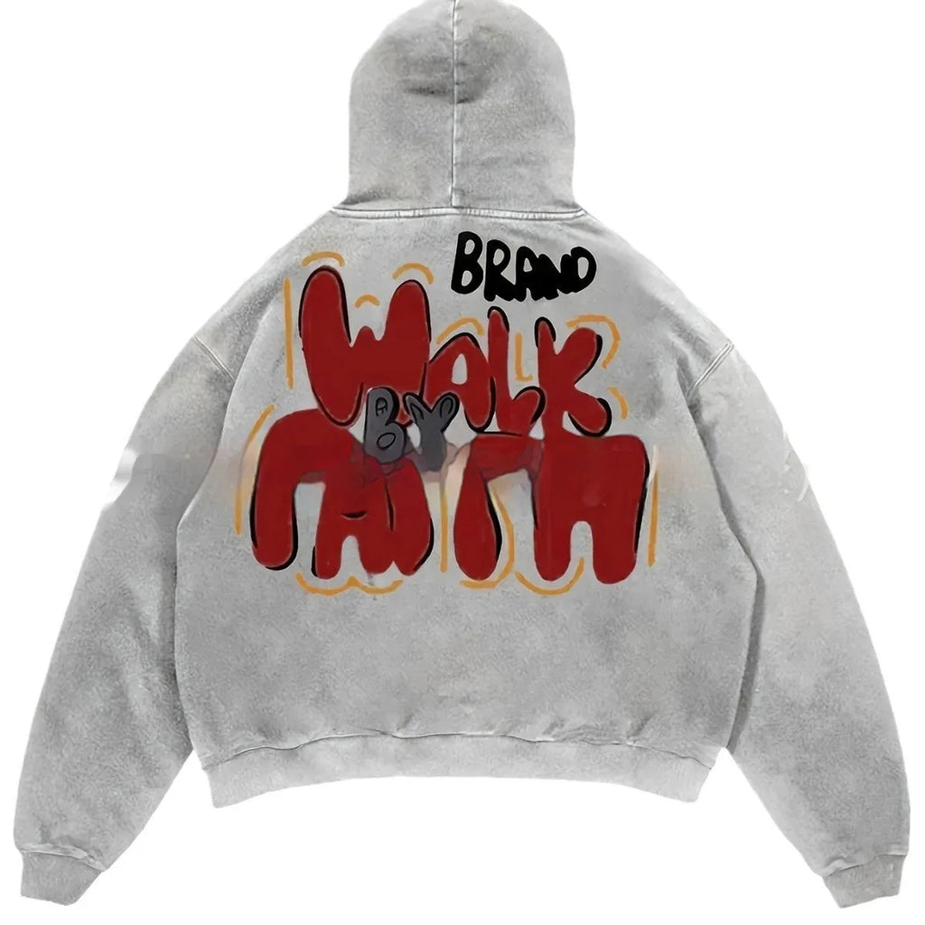 Women's grey hoodie with large black letter print on the front, long sleeves, and a pocket.