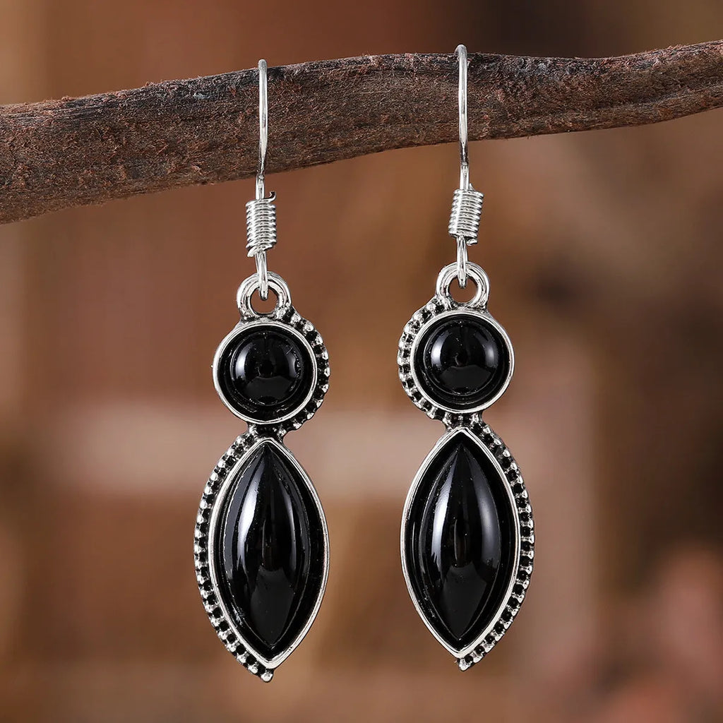 Vintage bohemian geometric pendant earrings with black and purple electroplated finish on zinc alloy
