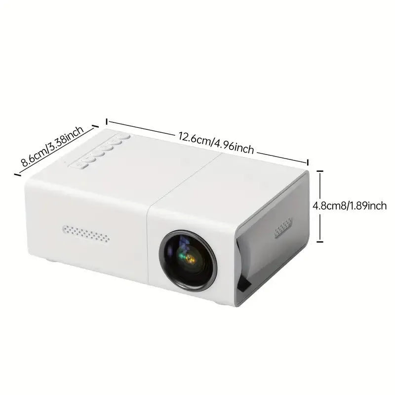 M100 mini LED projector in black or white with remote control showing 100-inch projection capability