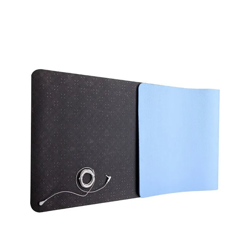 Blue floral pattern conductive yoga mat with grounding wire, showing non-slip PU surface