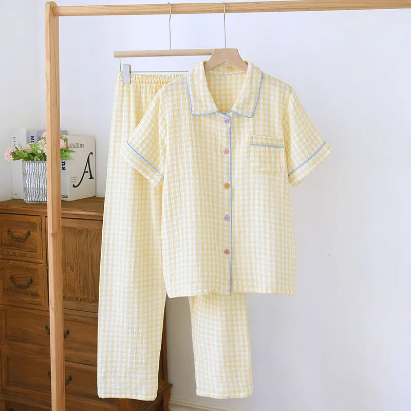 Women's washed cotton double-layer gauze short-sleeved top and trousers loungewear set in a loose fit.