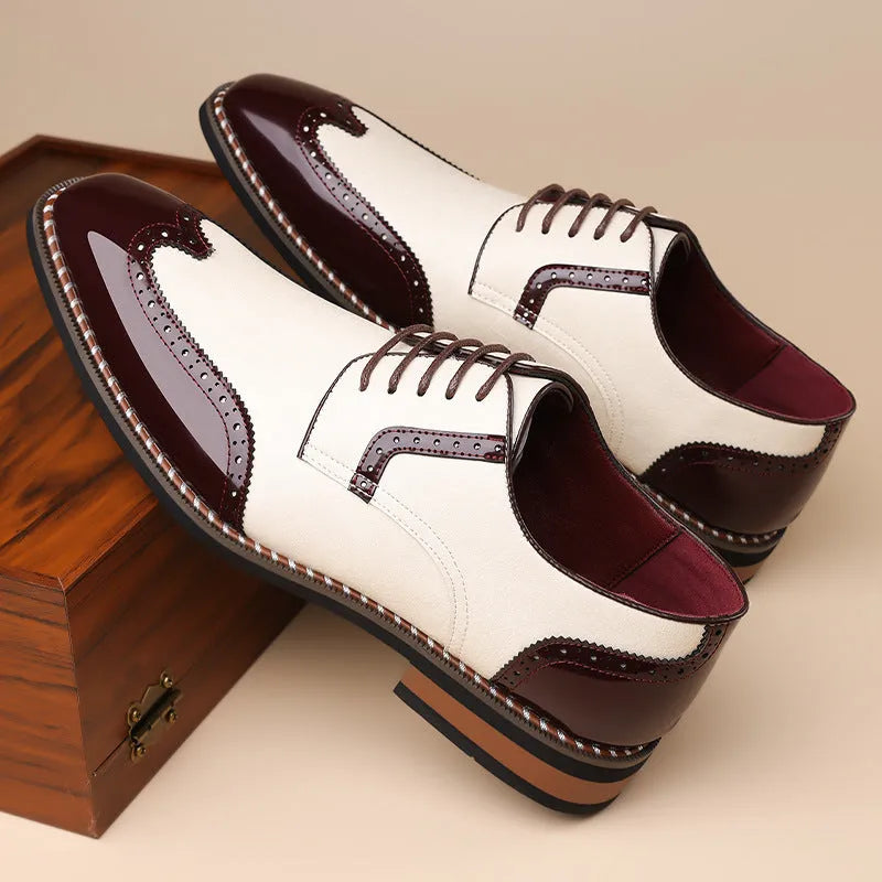 Men's black pointed toe PU leather low-top business casual shoes on white background