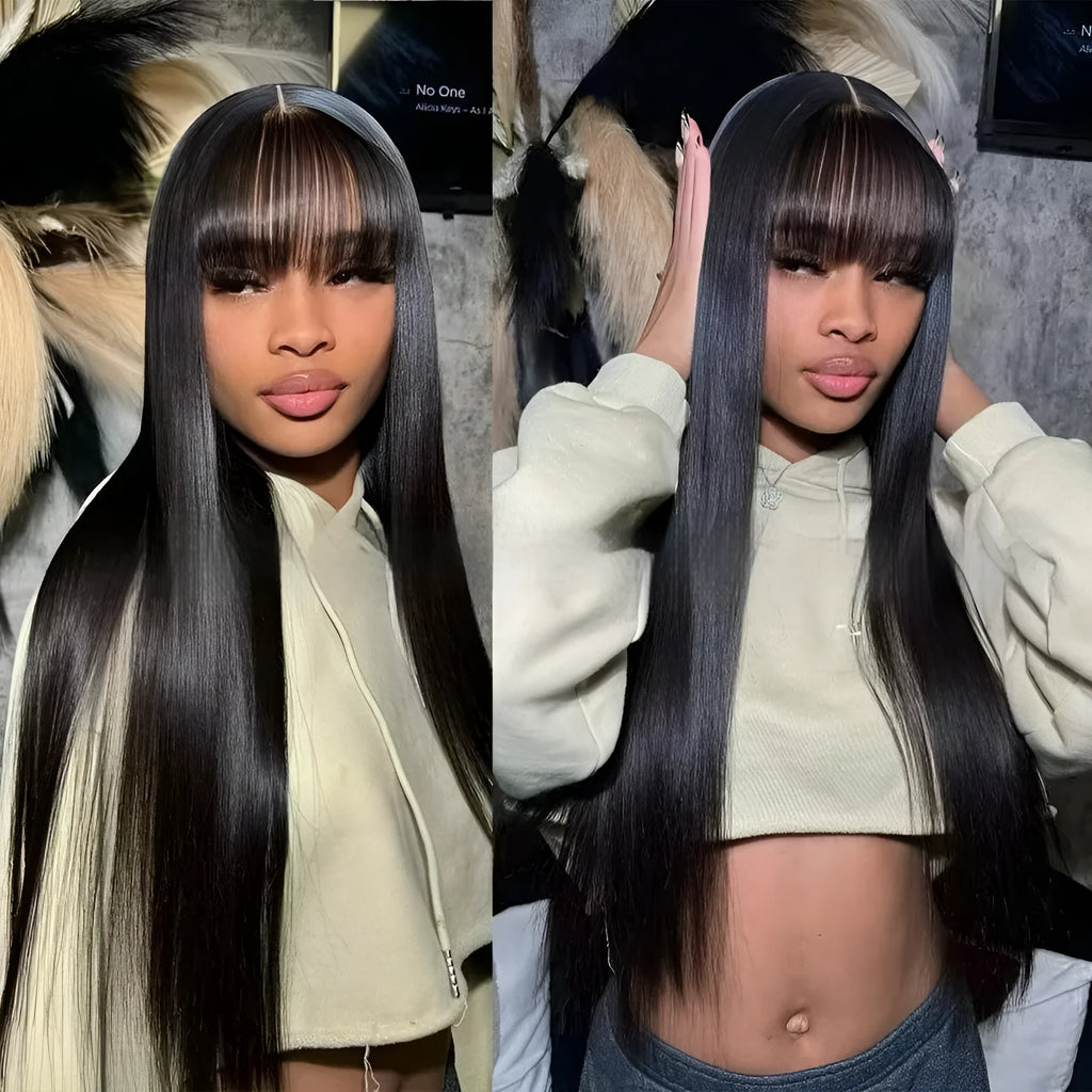 Natural colour human hair wig with straight fringe on a full-mechanism headgear cap.