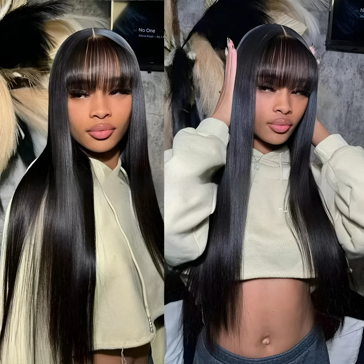 Natural colour human hair wig with straight fringe on a full-mechanism headgear cap.