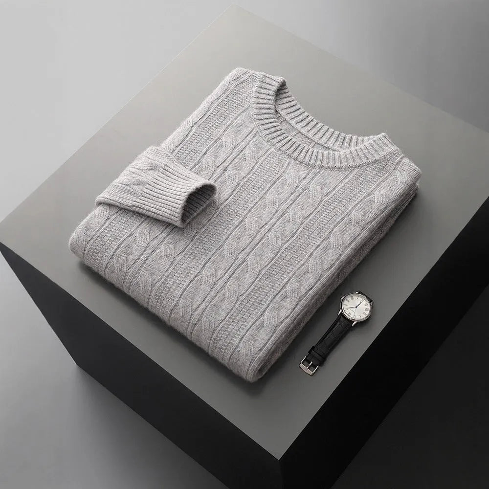 Men's double-strand thickened jacquard knitted pullover sweater in camel colour, loose fit, long sleeves