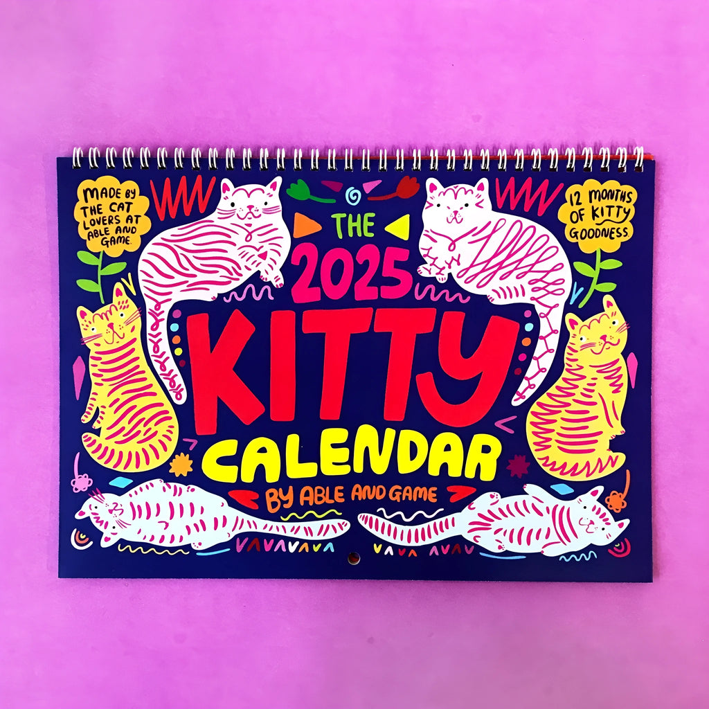 Cat-themed illustrated wall calendar for 2024 or 2025 year planning