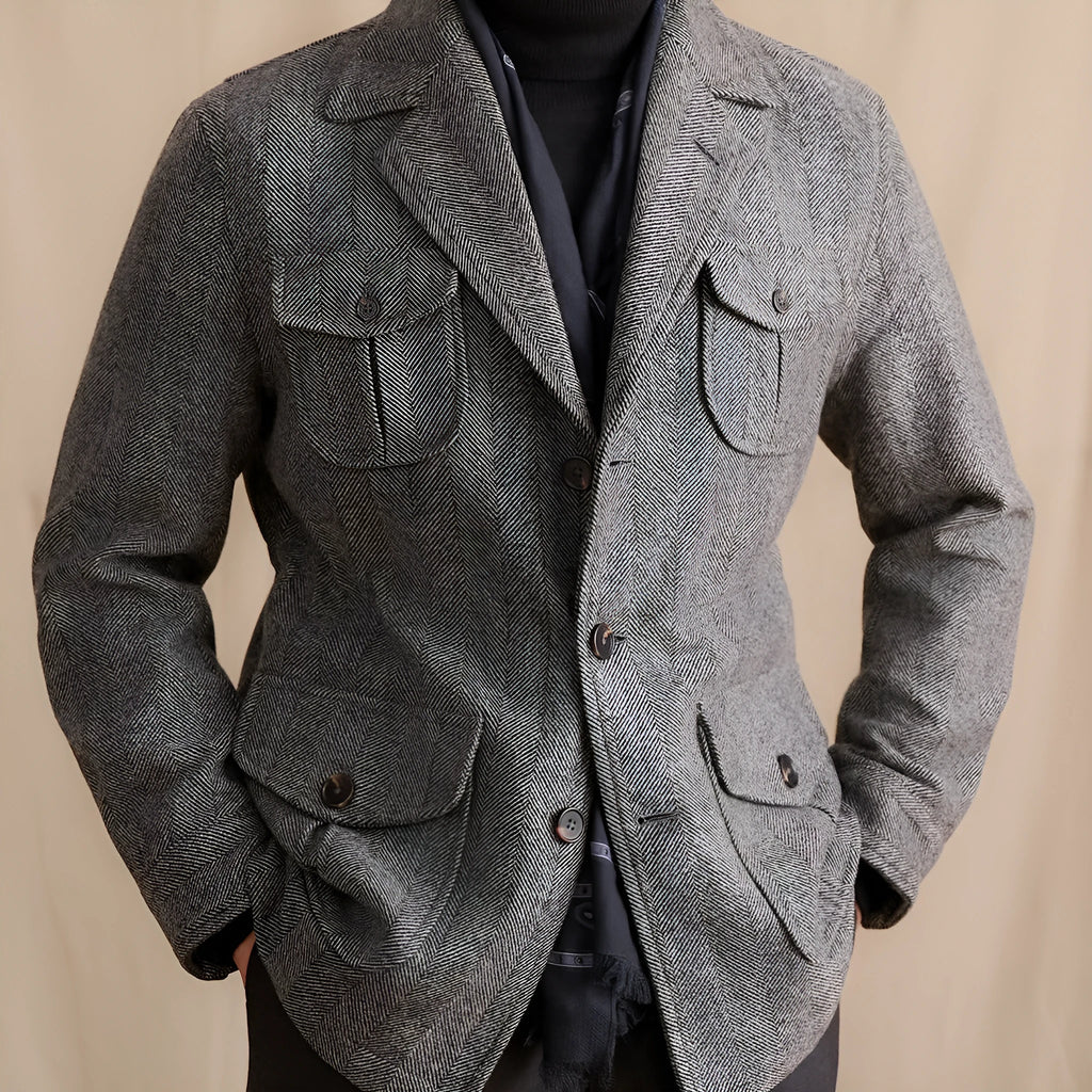 Men's Dark Gray wool suit collar commuter jacket with cinched style and pocket