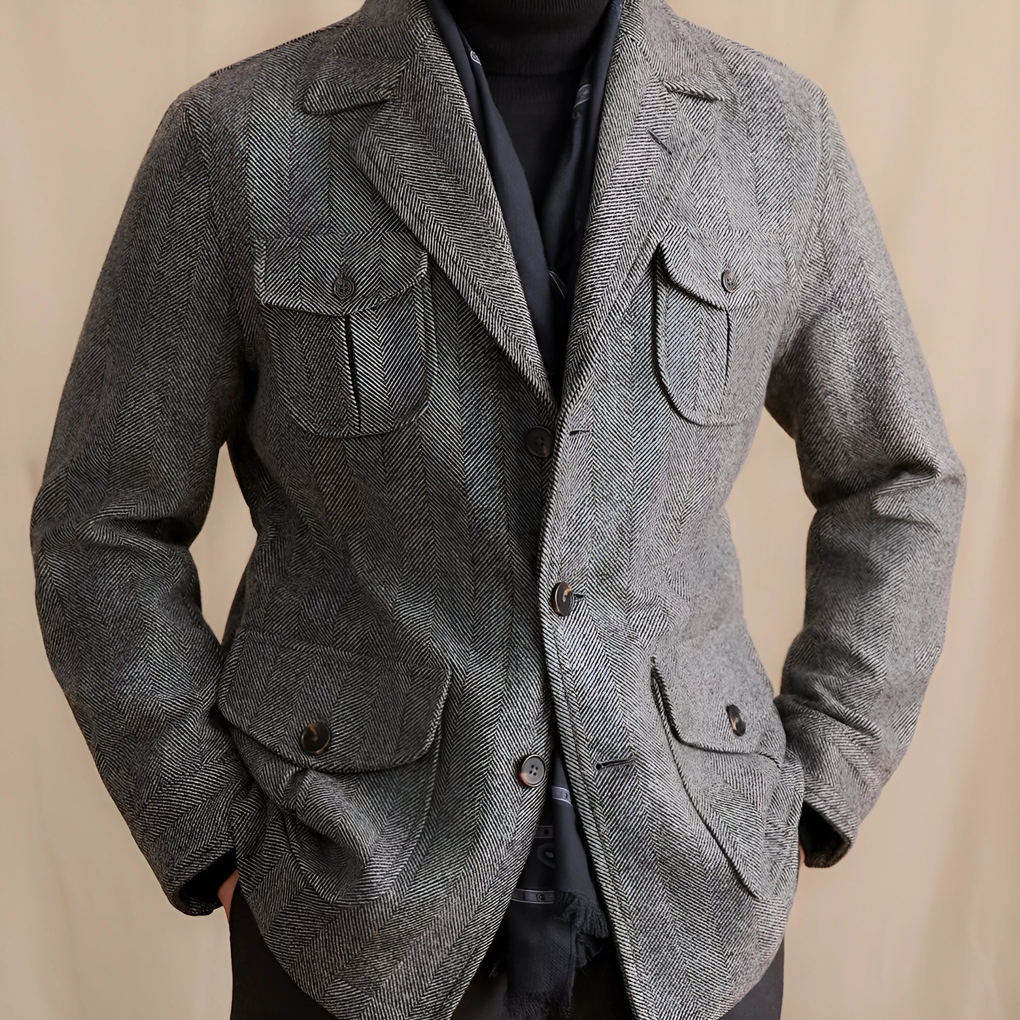 Men's Dark Gray wool suit collar commuter jacket with cinched style and pocket