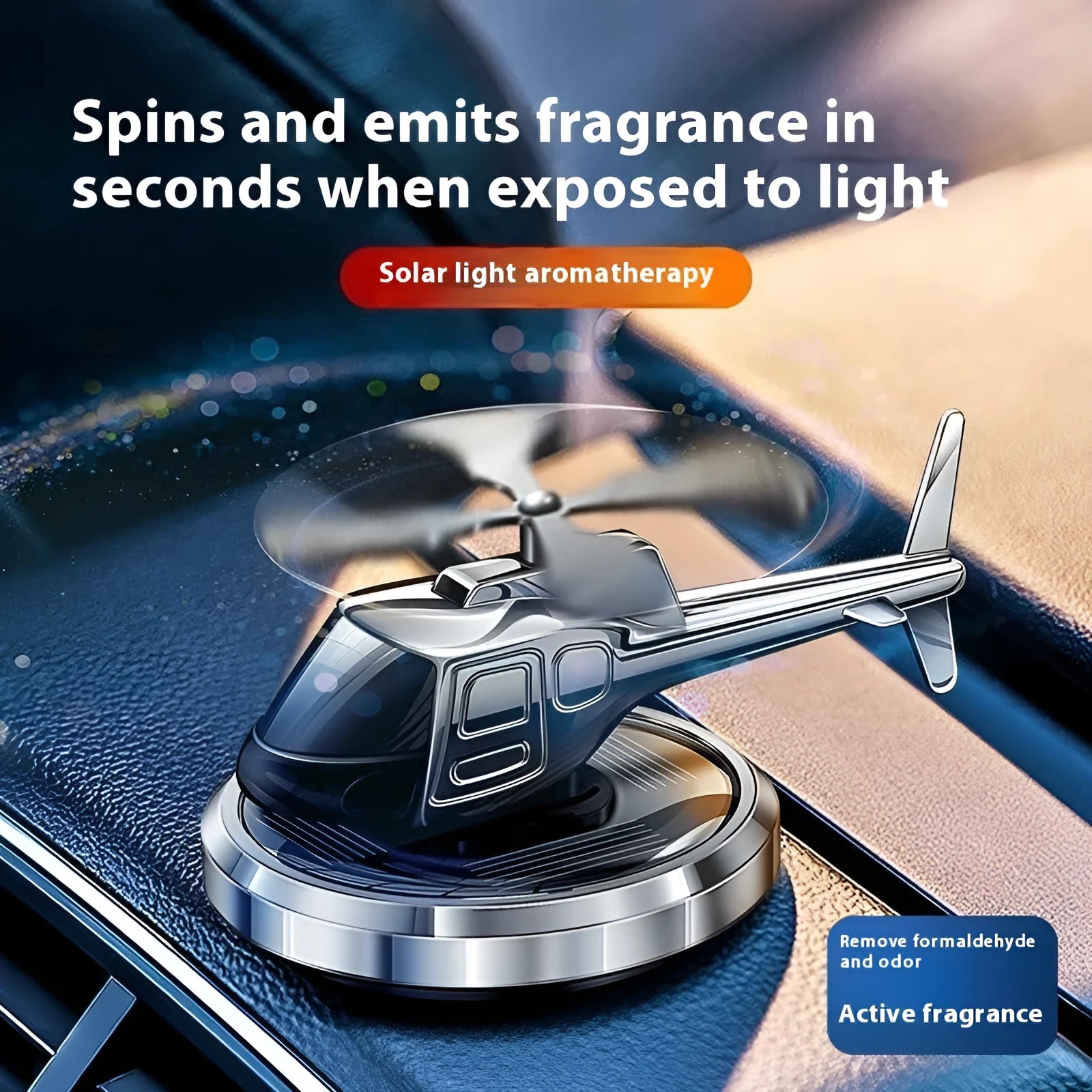Solar-powered metal helicopter car perfume ornament rotating on dashboard