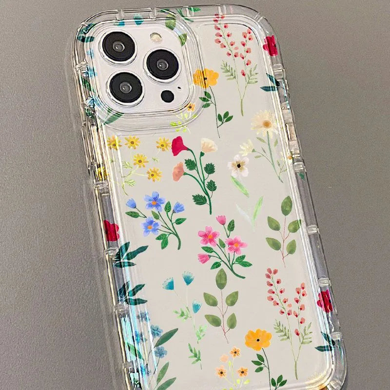 Floral transparent TPU phone case with bracket for iPhone showing a clear floral pattern and side grip