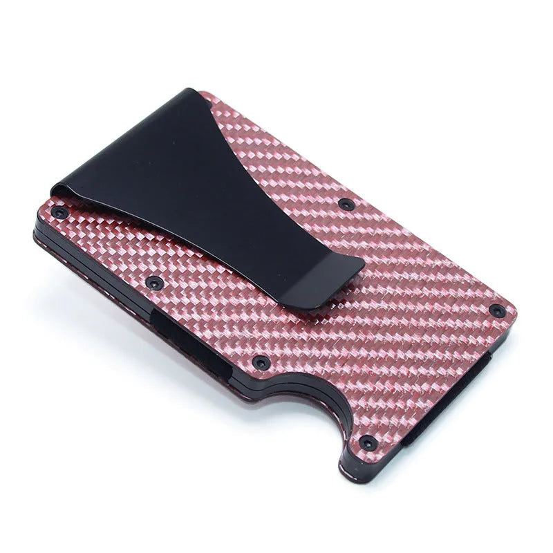 Slim geometry card holder wallet in carbon fibre or aluminium, holds six to fifteen cards, 8mm thick