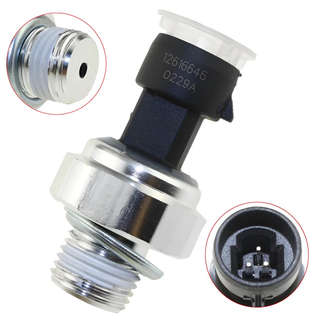 Genuine GM oil pressure sensor with part numbers for Buick and Chevrolet vehicles.