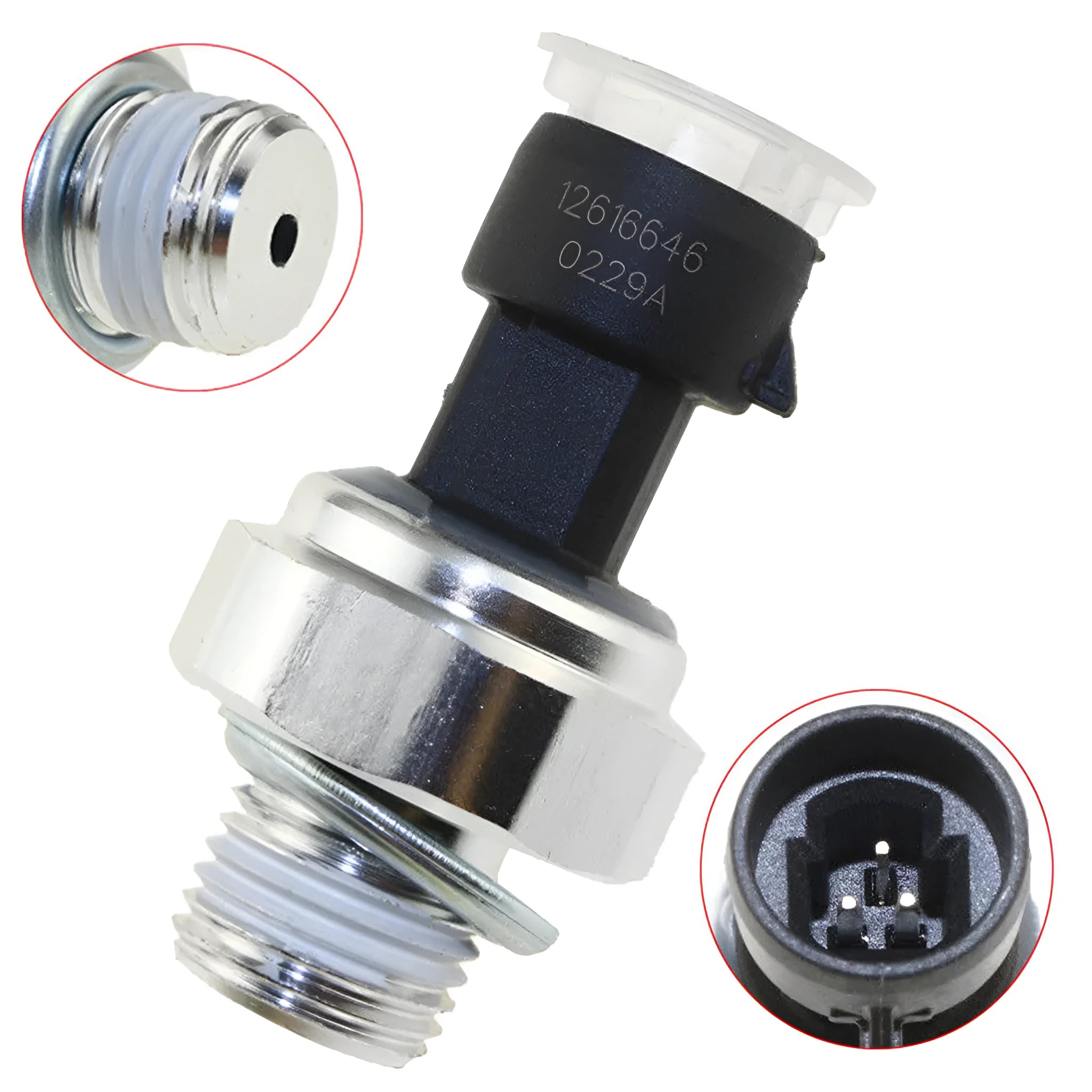 Genuine GM oil pressure sensor with part numbers for Buick and Chevrolet vehicles.