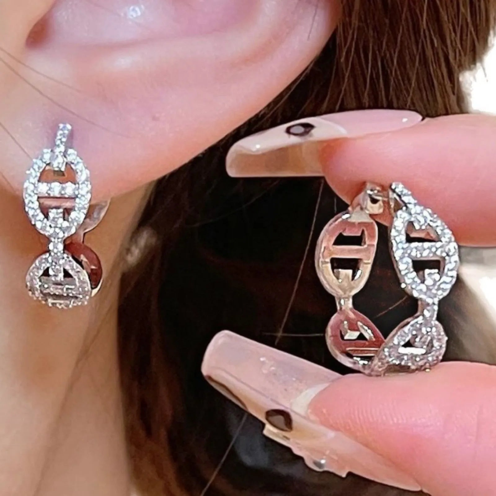 Women's casual diamond earrings with thick gold electroplated finish in silver, gold, and rose gold options.