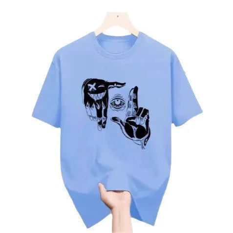 Men's cartoon print short sleeve T-shirt in bird eye cloth showing digital printed pattern detail
