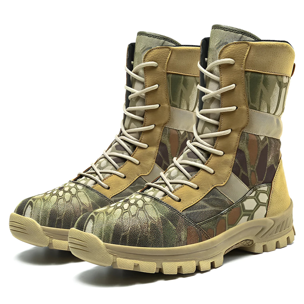 Men's plus size high-top Martin boots in black and camouflage colours with mesh upper and totem design