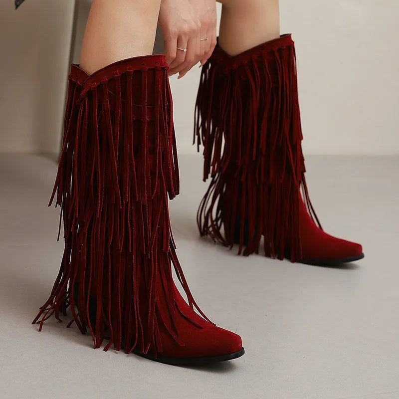 Women's suede mid-calf boots with square toe, tassel detail, and chunky heel in beige colour option