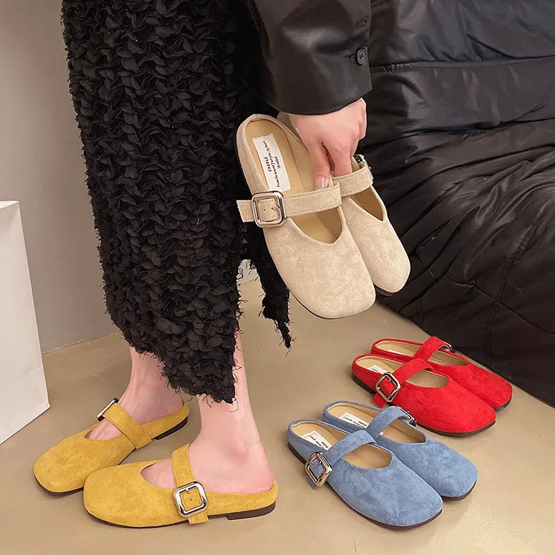 Women's flat apricot slippers with square closed toe, PU upper, and rubber sole.