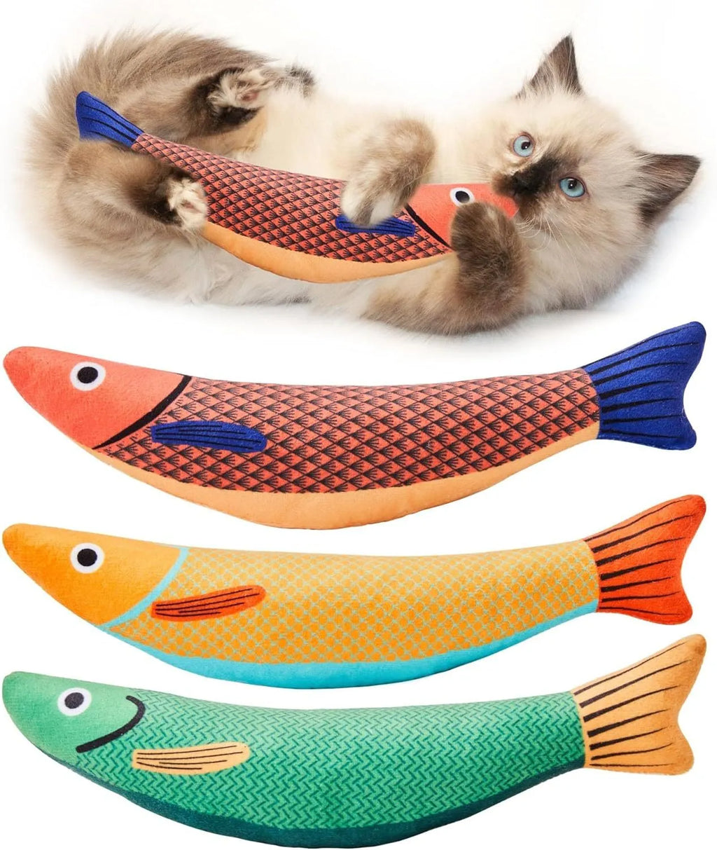 Soft plush fish cat toy in green with organic catnip filling for interactive play