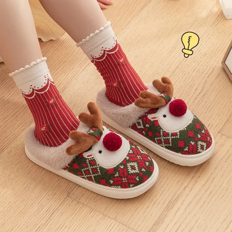 Cute Christmas elk plush slippers in Christmas Red with non-slip PVC sole, women winter house shoes