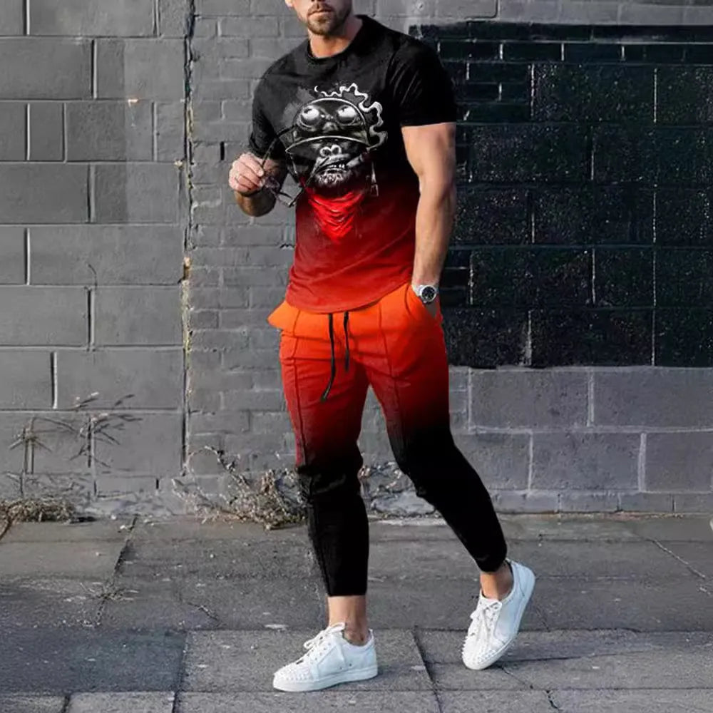 Men's short-sleeved round neck T-shirt and full-length trousers set in a solid colour.