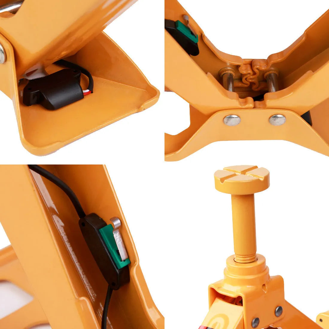 Yellow steel car electric jack set with an electric wrench on a grey background.
