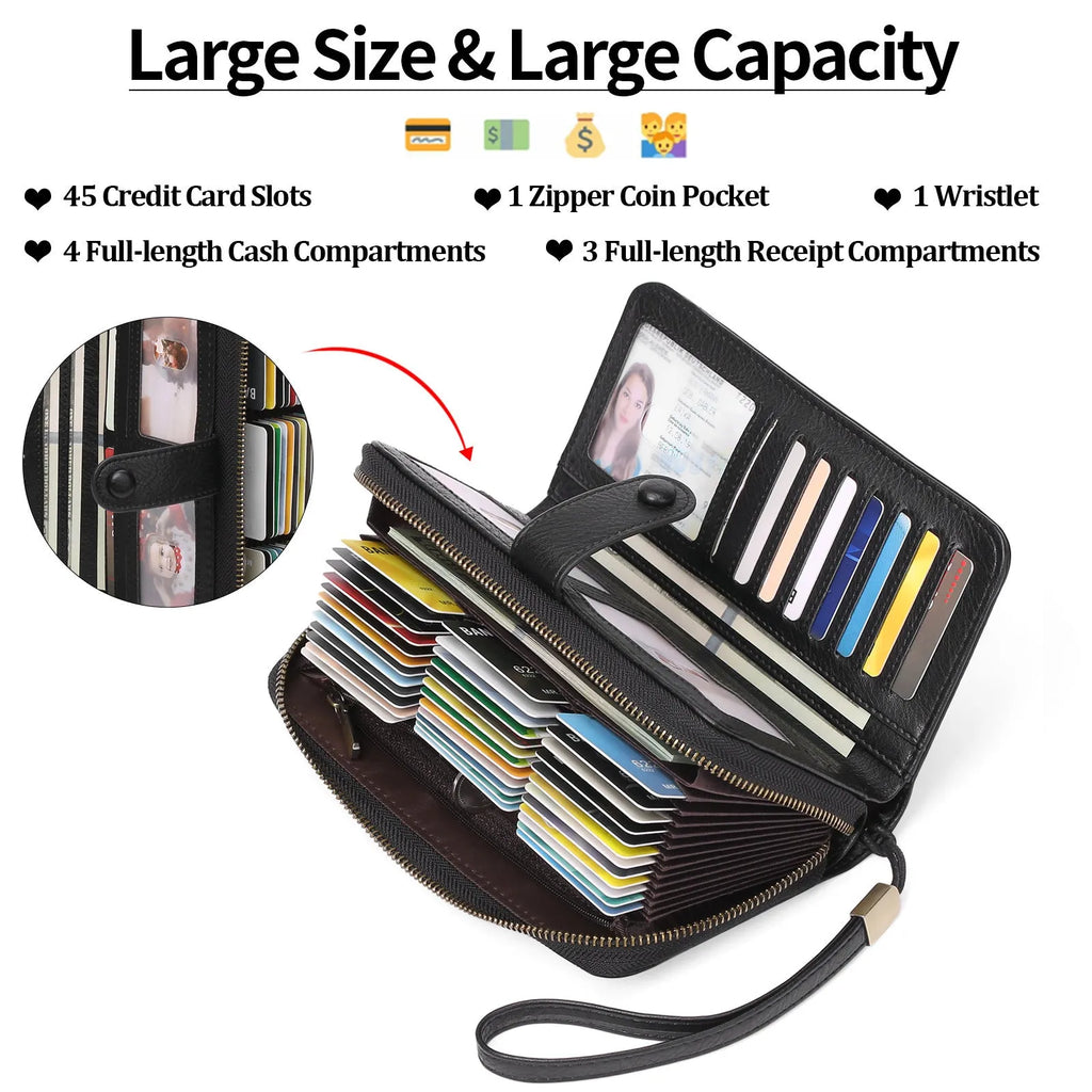 Women's expanding card holder long wallet in synthetic leather with anti-theft swiping function